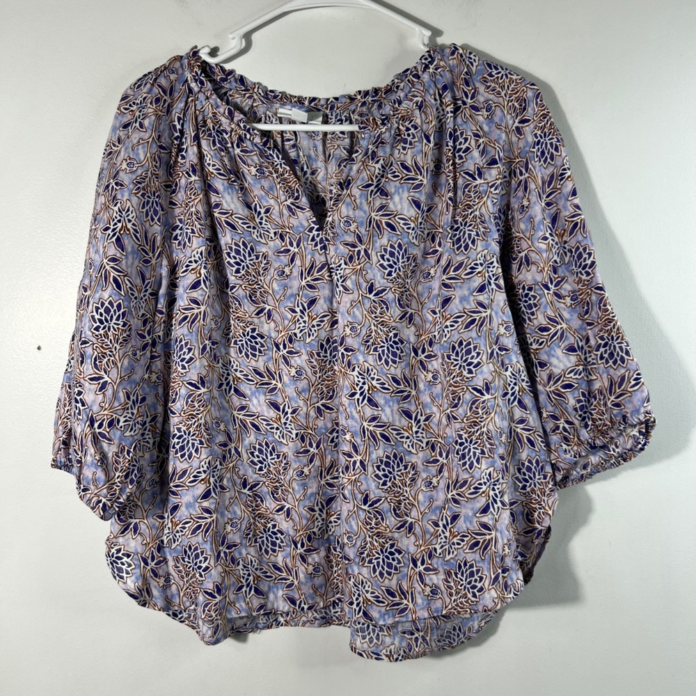 J Jill Love Linen‎ Floral Boho Tunic Shirt Blue Purple White XSP 1/2 Sleeve